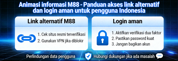 Animasi informasi M88 - Panduan akses link alternatif dan login aman untuk pengguna Indonesia