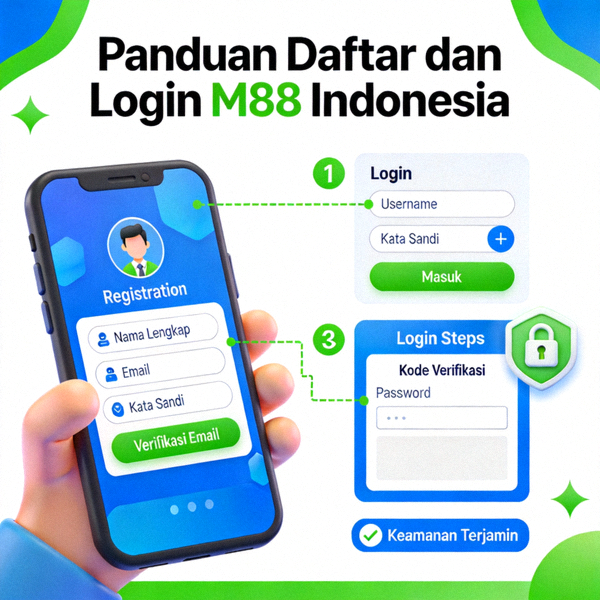 Animasi panduan M88 Indonesia - Proses daftar dan login melalui perangkat mobile dengan keamanan terjamin