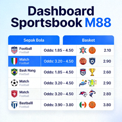 Dashboard Sportsbook M88 menampilkan odds taruhan olahraga sepak bola dan basket